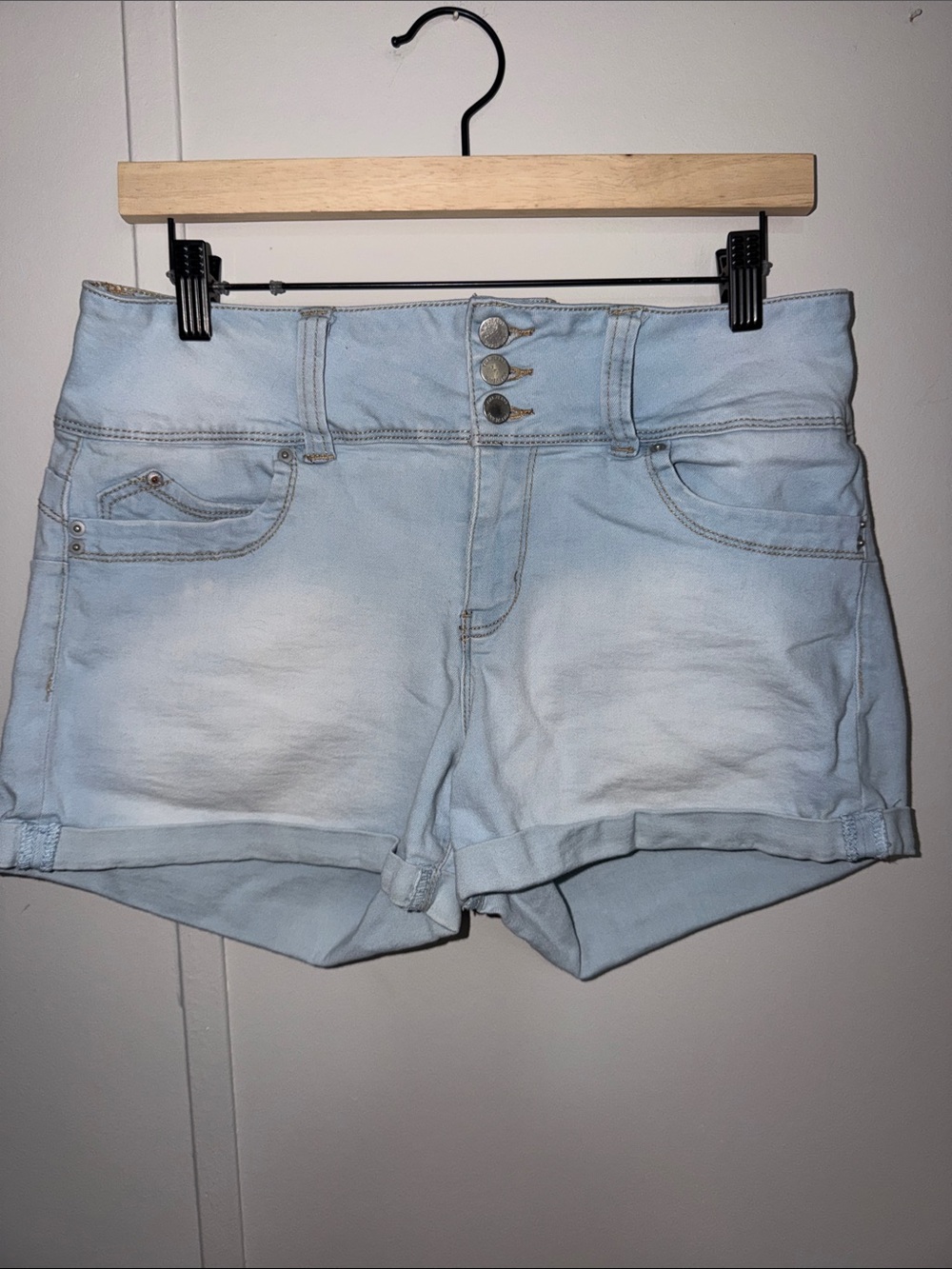 High-Rise Light Blue Triple-Button Denim Shorts